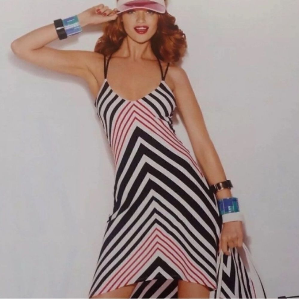 Bebe Hi-Lo Striped Black White Red Hi-Lo Dress Event Party